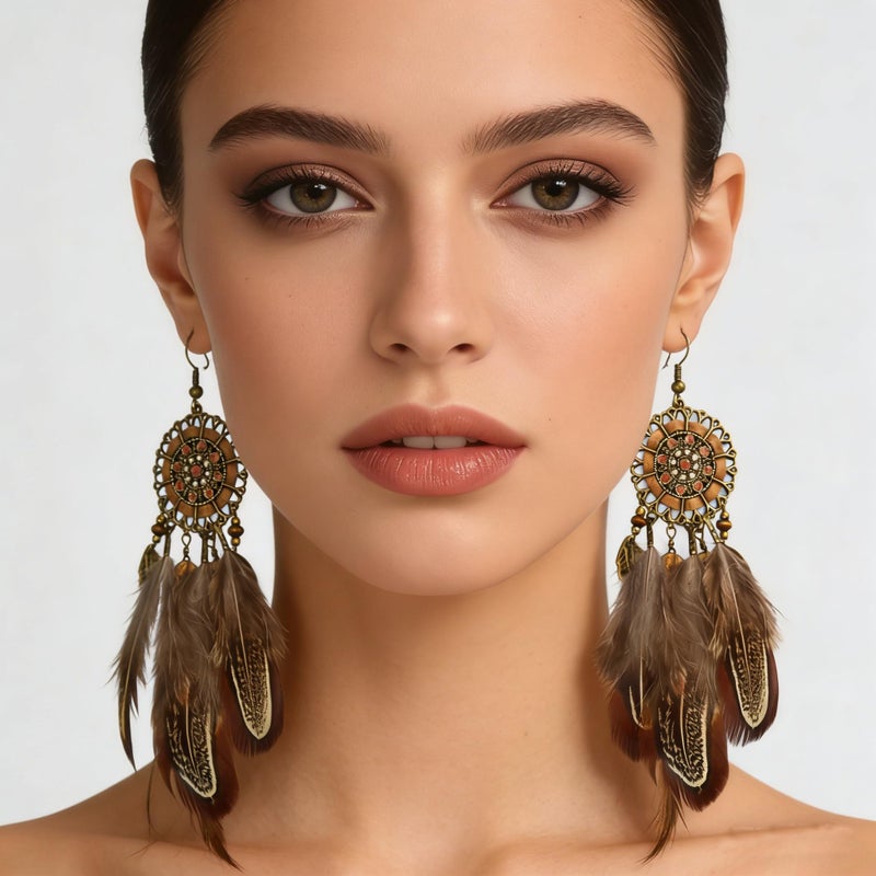 Idealway Punk Vintage Long Tassel Feather Beads Drop Wolf Tooth Pendant Earring Fish Hook Earrings (Brown B) - Image 2